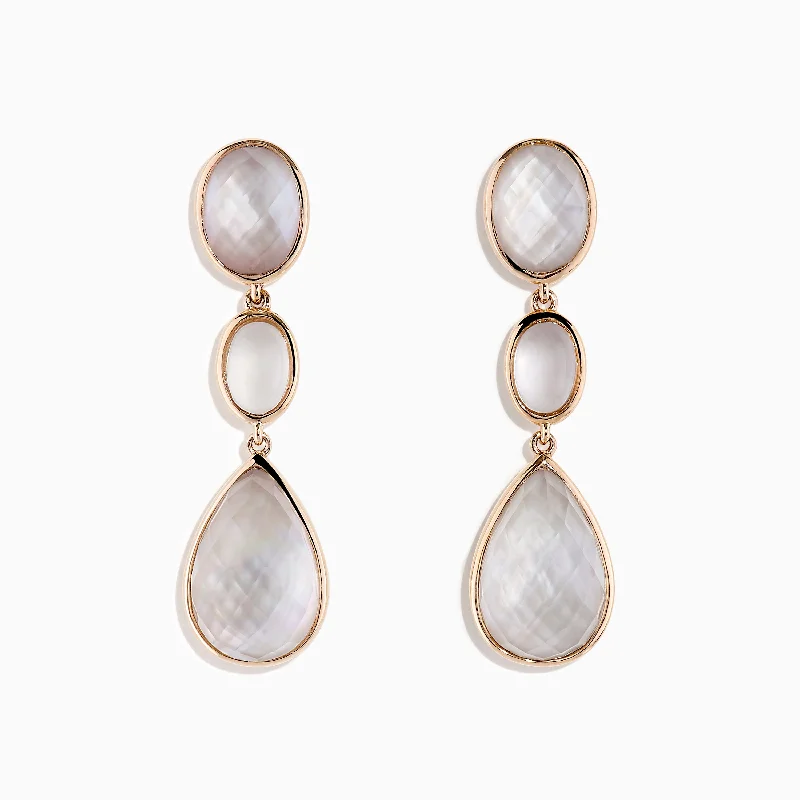 14K Rose Gold Quartz Crystal, Rose Quartz and Pink Mother Of Pearl Earrings