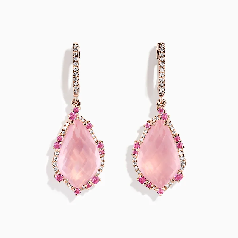 14K Rose Gold Rose Quartz and Pink Sapphire Diamond Earrings