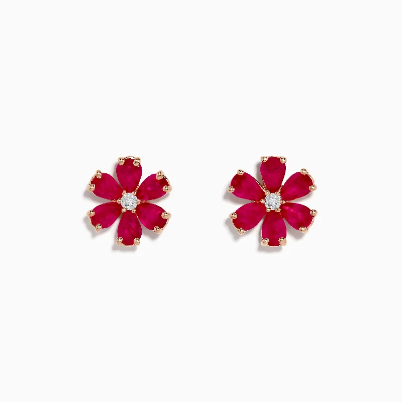 14K Rose Gold Ruby Flower Earrings