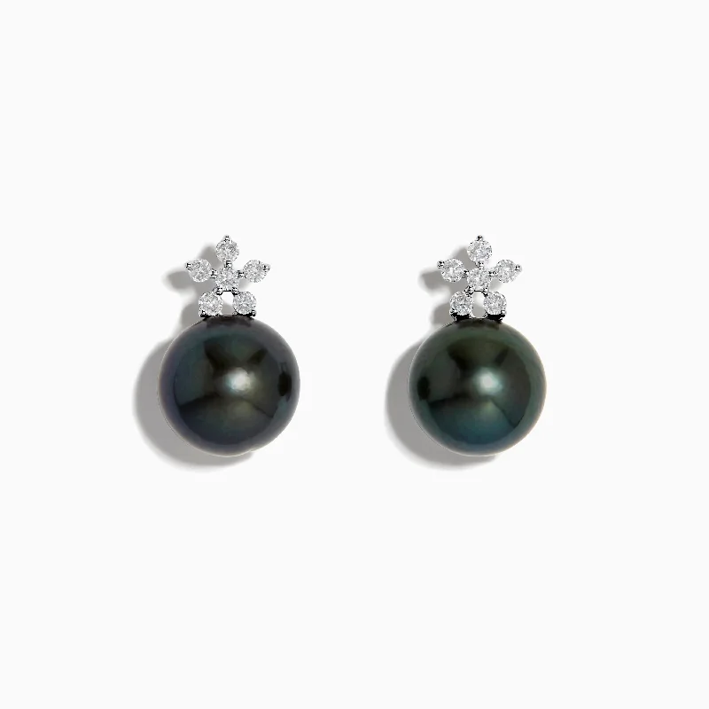 14K White Gold Tahitian Pearl and Diamond Earrings 9-10 mm