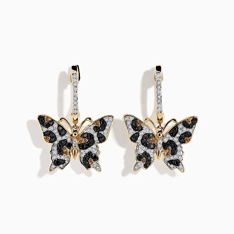 14K Yellow Gold Black, Espresso, and White Diamond Butterfly Earrings