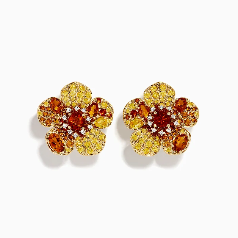 14K Yellow Gold Citrine, Yellow Sapphire and Diamond Flower Earrings