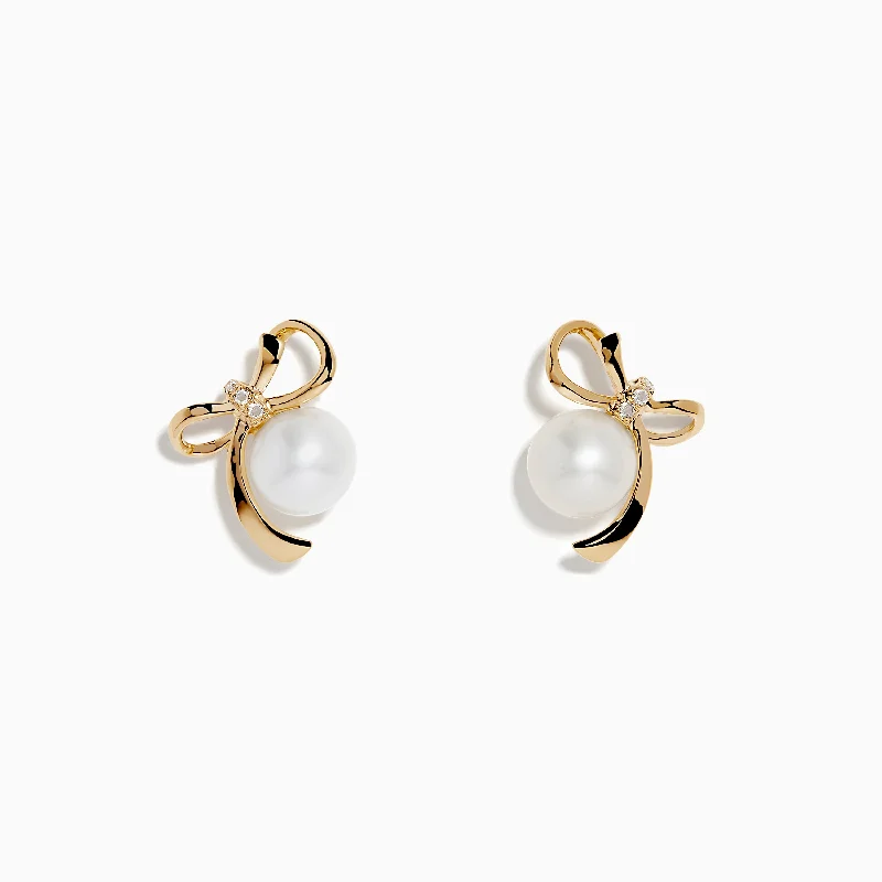 14K Yellow Gold Diamond Fresh Water Pearl Earrings