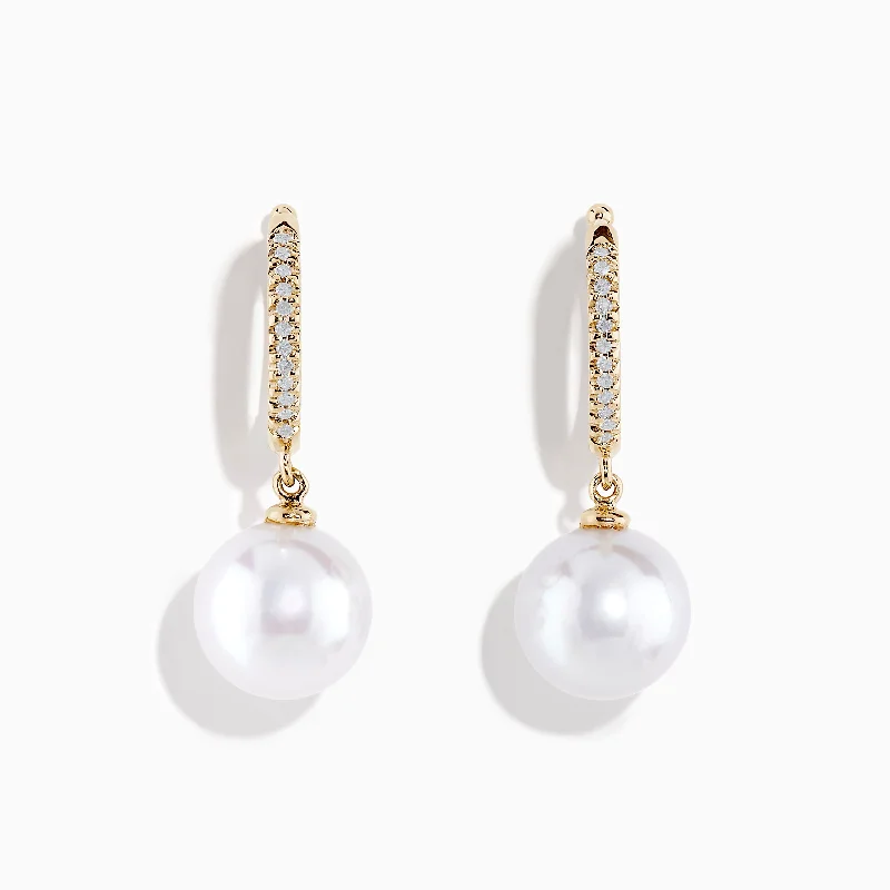 14K Yellow Gold Diamond, Fresh Water Pearl Earrings