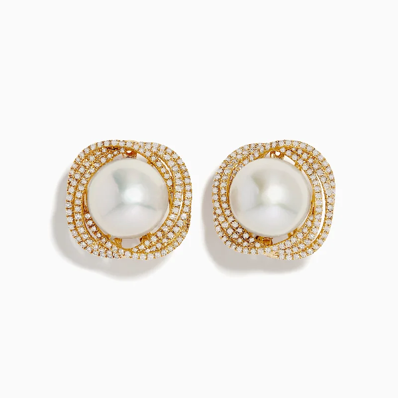 14K Yellow Gold Diamond Fresh Water Pearl Earrings