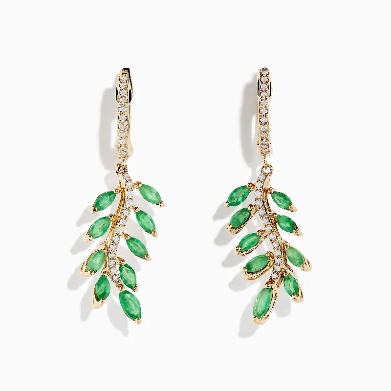 14K Yellow Gold Emerald and Diamond Leaf Earrings