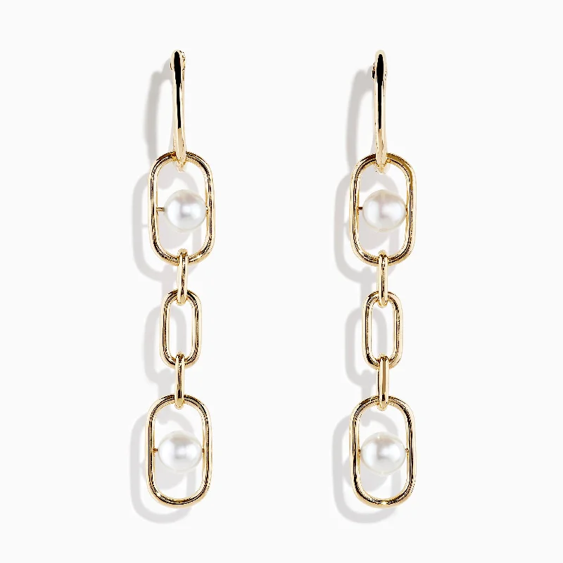 14K Yellow Gold Fresh Water Pearl Chain Link Earrings