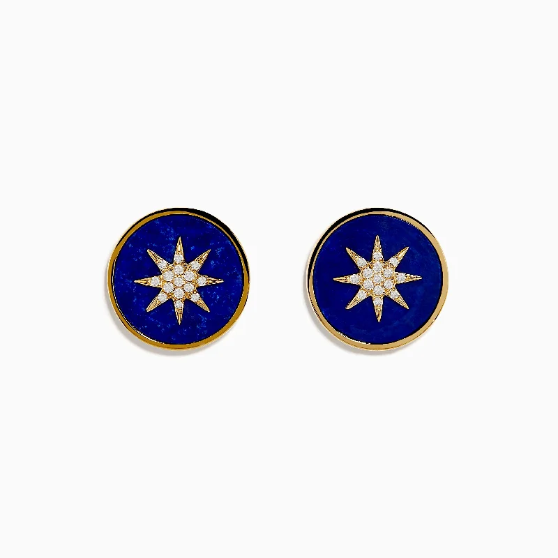 14K Yellow Gold Lapis and Diamond Star Compass Earrings