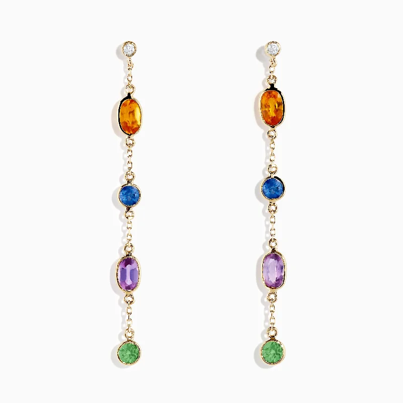 14K Yellow Gold Multi Color Sapphire and Diamond Station Earrings