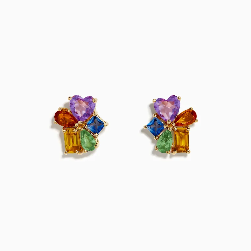 14K Yellow Gold Multi Color Sapphire and Pink Amethyst Cluster Earrings