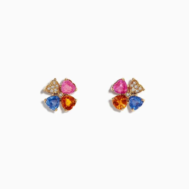 14K Yellow Gold Multi Sapphire and Diamond Flower Earrings