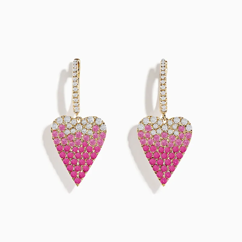 14K Yellow Gold Pink Sapphire and Diamond Heart Earrings