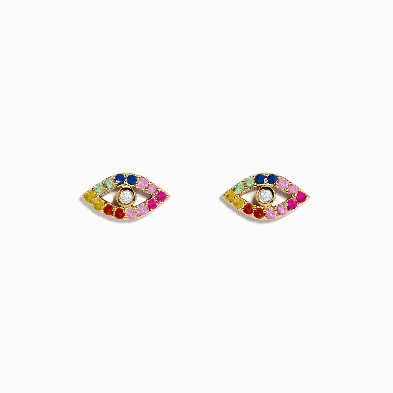 14K Yellow GoldMulti Color Sapphire and Diamond Evil Eye Earrings