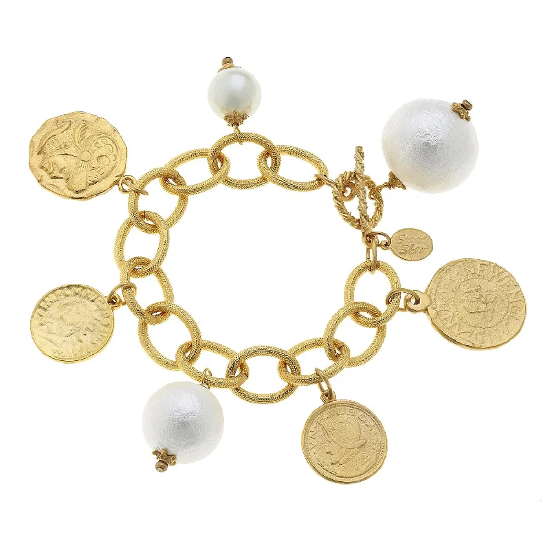 Coin & Cotton Pearl Charm Bracelet