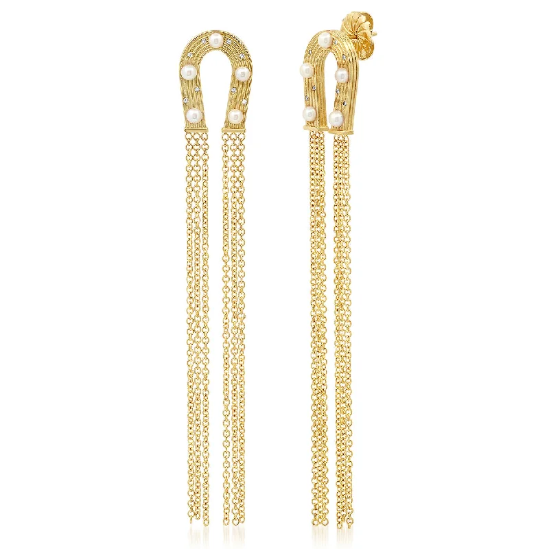 14K Yellow Gold Reeded Gold Pearl and Diamond Tassel Horseshoe Earrings