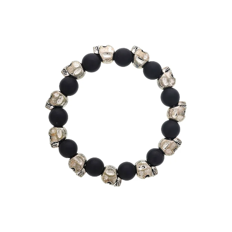 Dee Berkley Black Agate and Skull Mens Beaded Bracelet