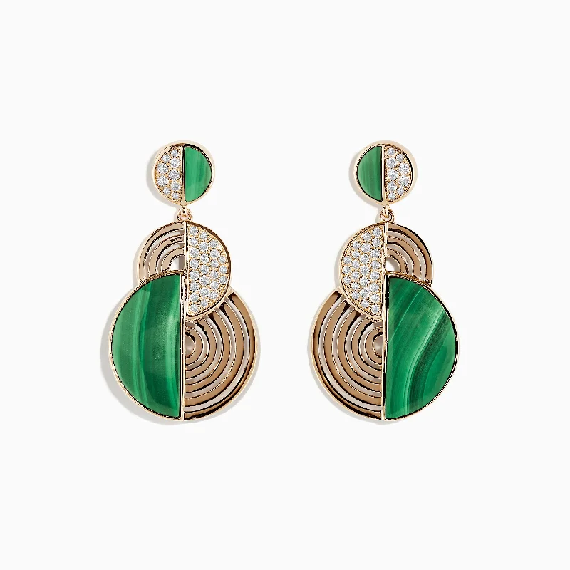 14K Yellow Gold Half Moon Malachite and Diamond Earrings