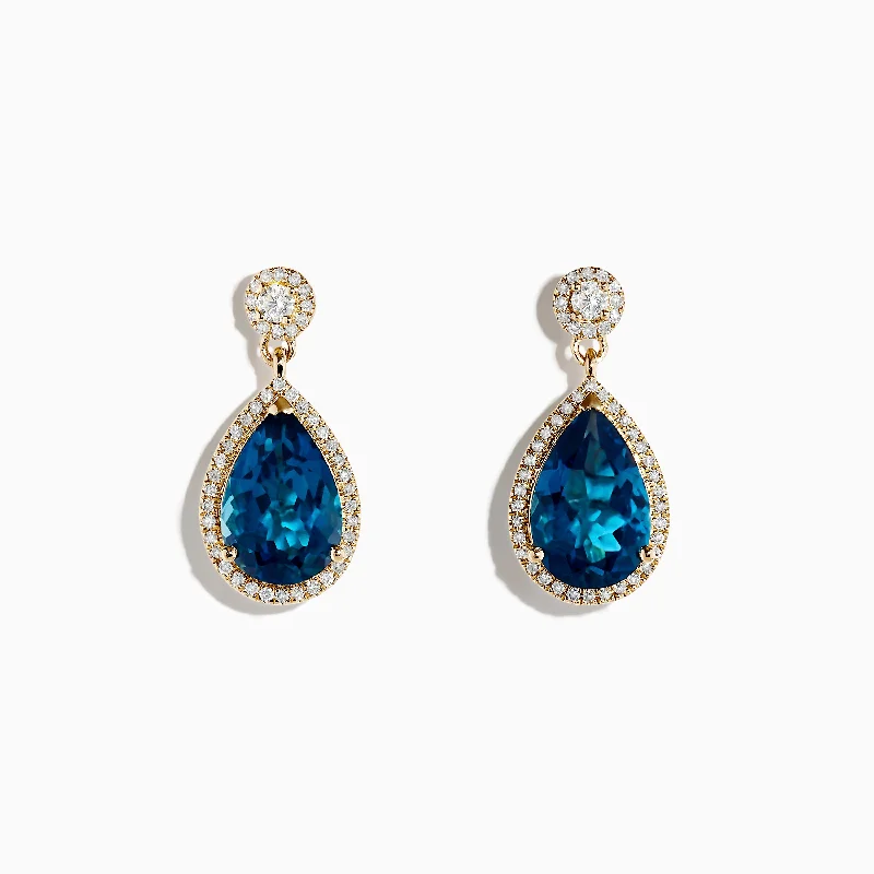 14K Yellow Gold London Blue Topaz and Diamond Earrings