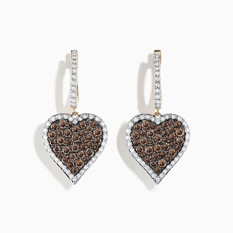 14K Yellow Gold Espresso and White Diamond Heart Earrings