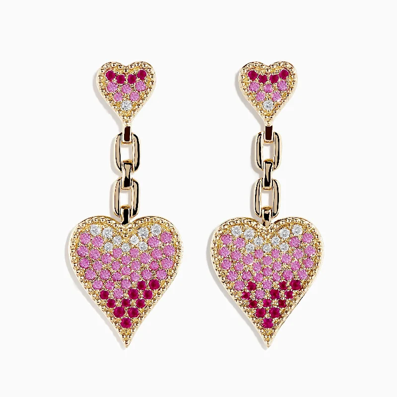 Novelty 14K Yellow Gold Pink Sapphire and Diamond Heart Earrings