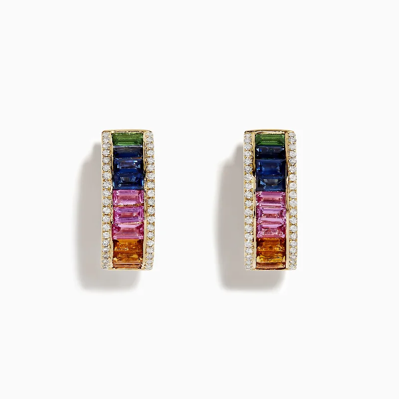 Watercolor 14k Gold Multi Sapphire and Diamond Huggie Earrings