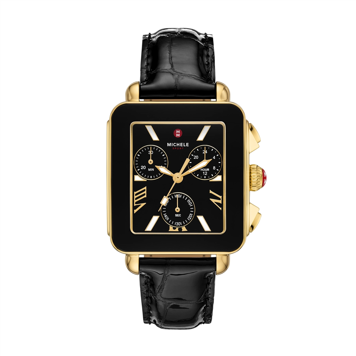 Michele Deco Sport Chronograph 18K Gold Plated Stainless Steel Noir Leather Watch