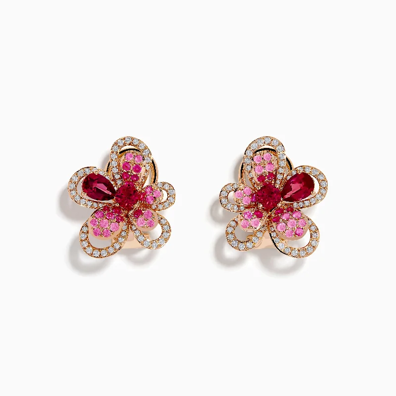 Nature 14K Rose Gold Pink Sapphire, Rhodolite and Diamond Flower Earrings