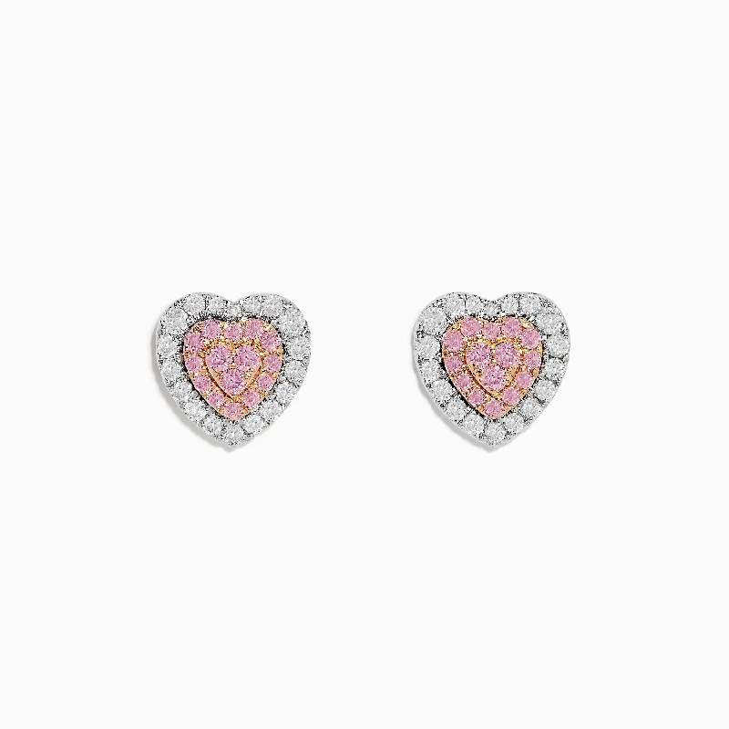 Novelty 18K Two Tone Gold Pink and White Diamond Heart Earrings