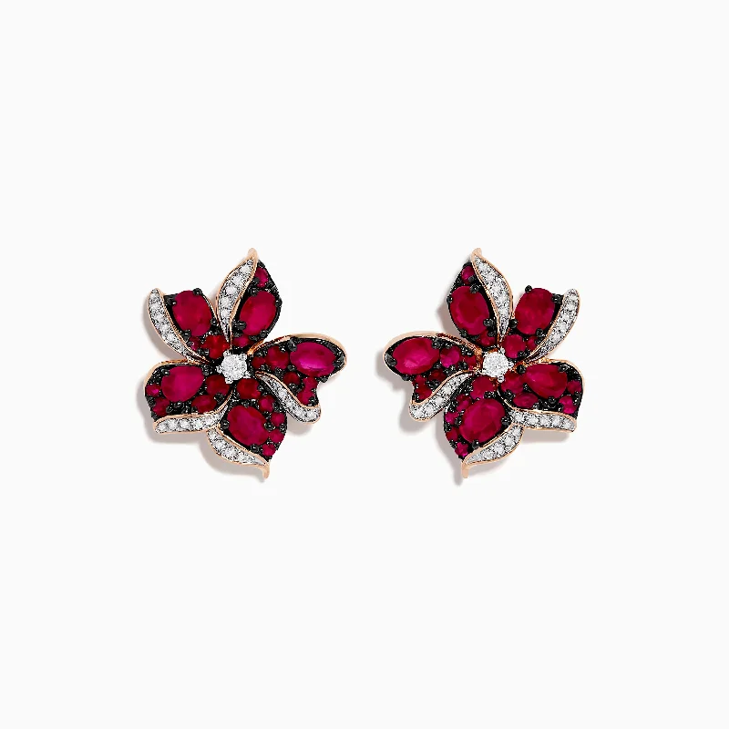 Ruby Royale 14K Rose Gold Ruby and Diamond Flower Earrings