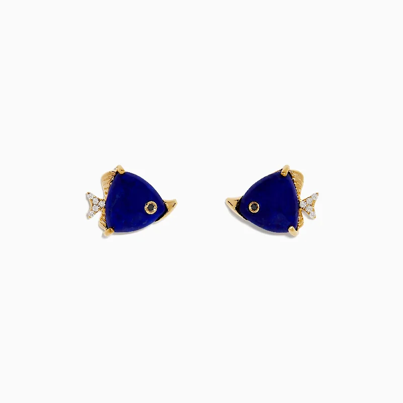 Seaside 14K Yellow Gold Lapis and Diamond Fish Earrings