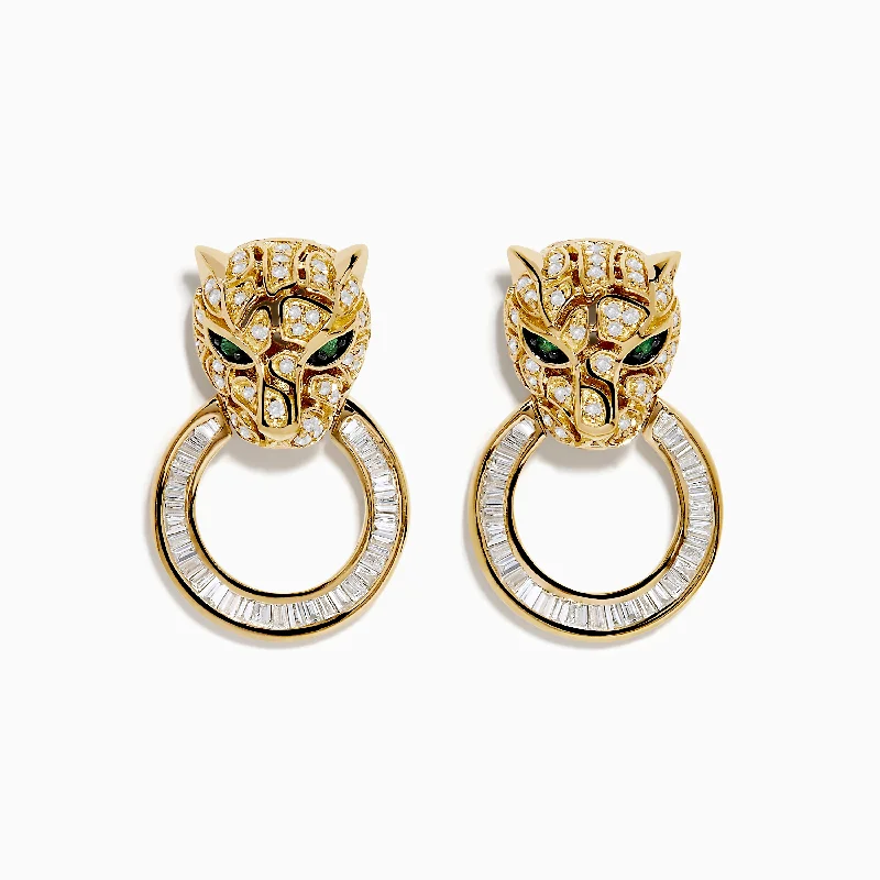 Signature 14K Yellow Gold Diamond and Emerald Panther Earrings