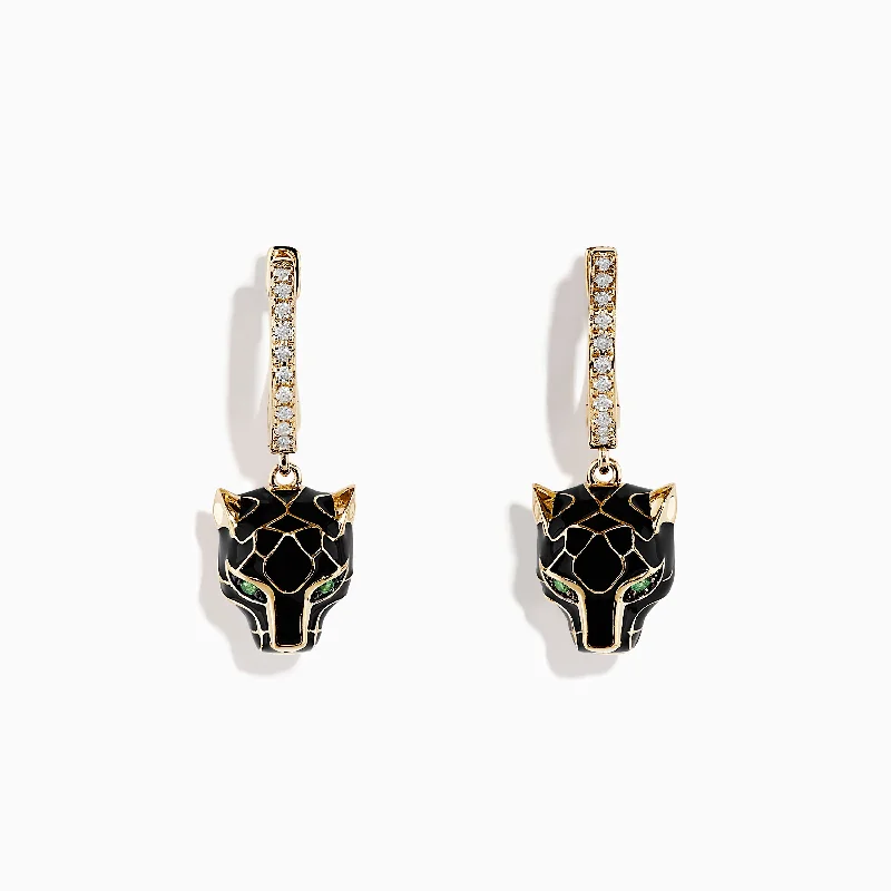 Signature 14K Yellow Gold Diamond Emerald and Enamel Panther Earrings