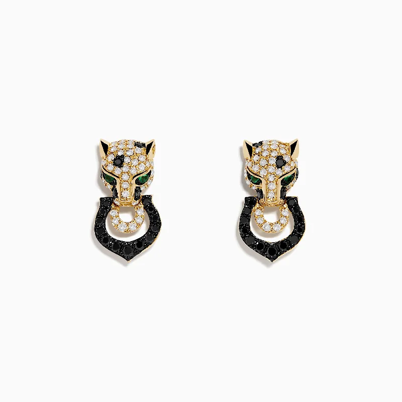 Signature 14K Yellow Gold White and Black Diamond Panther Earrings