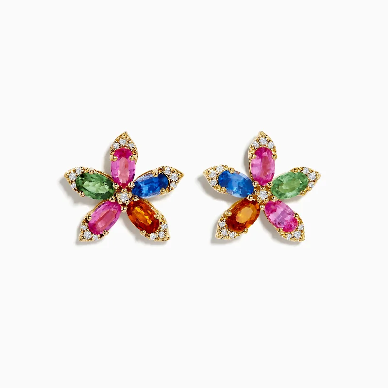 Watercolors 14K Yellow Gold Multi Sapphire and Diamond Flower Earrings